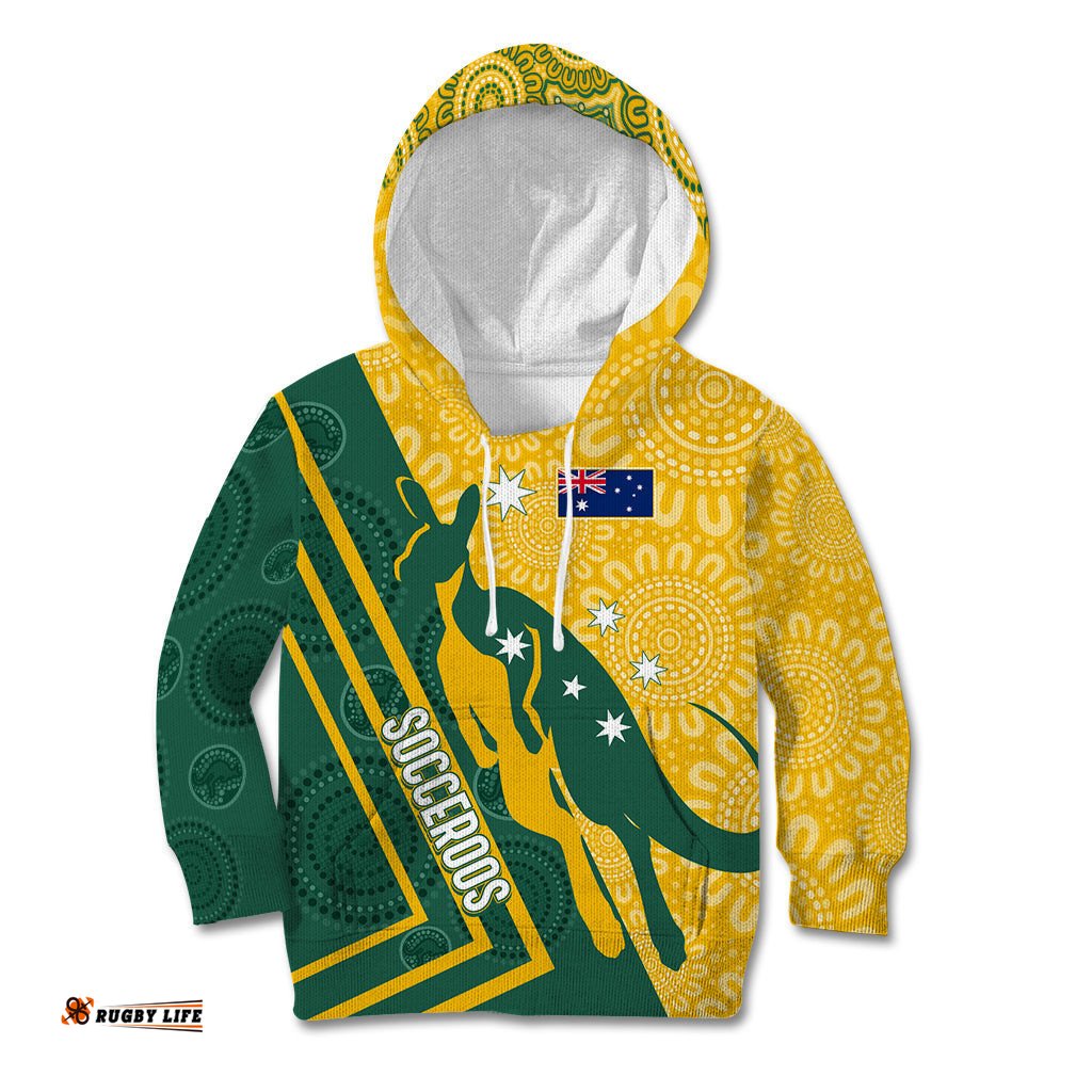 Personalised Australia Socceroos Indigenous Kid Hoodie Green & Gold