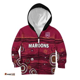 Custom Text and Number QLD Maroons Rugby Hoodie KID Indigenous