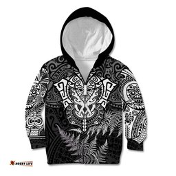 Personalised New Zealand Rugby Kid Hoodie Silver Fern All Black Mix Ta Moko White Style