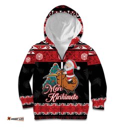 New Zealand Christmas Kid Hoodie Funny Santa Riding Kiwi Meri Kirihimete