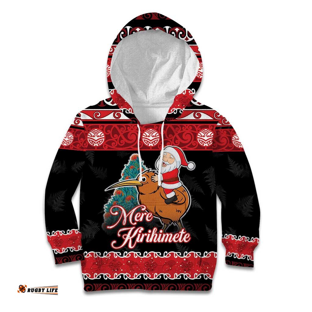 New Zealand Christmas Kid Hoodie Funny Santa Riding Kiwi Meri Kirihimete