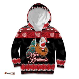 New Zealand Christmas Kid Hoodie Funny Santa Riding Kiwi Meri Kirihimete