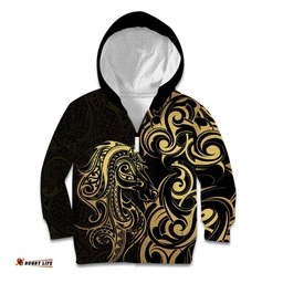 Gold And Black Aoteara Horse Racing Kid Hoodie NZ Maori Pattern