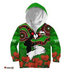 Custom Text And Number Rabbitohs Rugby ANZAC Hoodie KID Lest We Forget