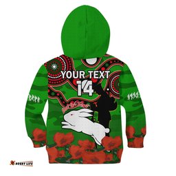 Custom Text And Number Rabbitohs Rugby ANZAC Hoodie KID Lest We Forget