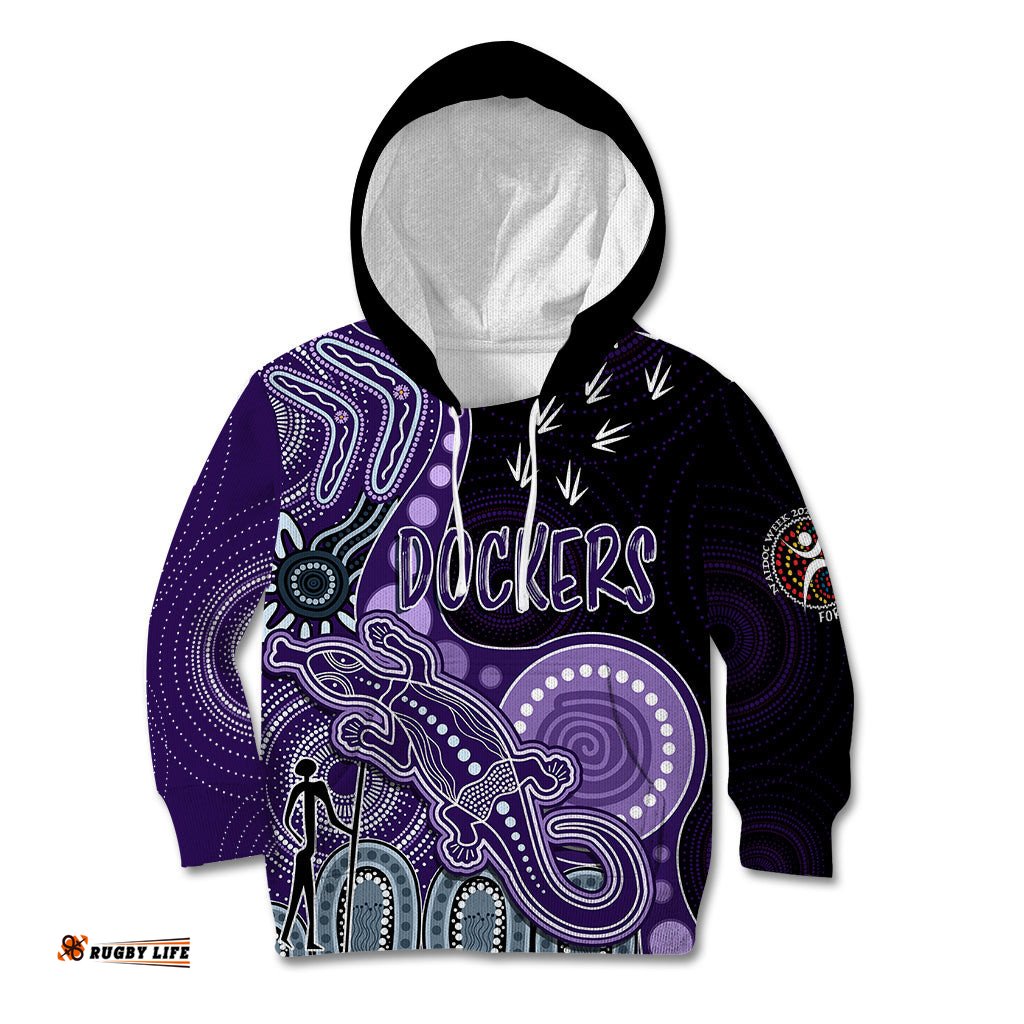 Personalised NAIDOC Week AFL Dockers Kid Hoodie Aboriginal Dot Art Lizard Mix Boomerang