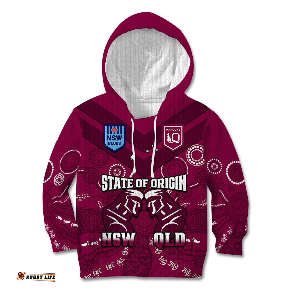 QLD Maroons and NSW Blues Rugby Kid Hoodie State of Origin Indigenous Maroon