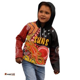 Personalised NAIDOC Week AFL Suns Kid Hoodie Aboriginal Dot Art Lizard Mix Boomerang