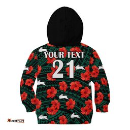Custom Text And Number Rabbitohs Rugby Kid Hoodie Polynesian Style With Hibiscus