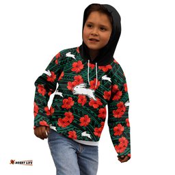 Custom Text And Number Rabbitohs Rugby Kid Hoodie Polynesian Style With Hibiscus