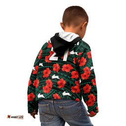 Custom Text And Number Rabbitohs Rugby Kid Hoodie Polynesian Style With Hibiscus