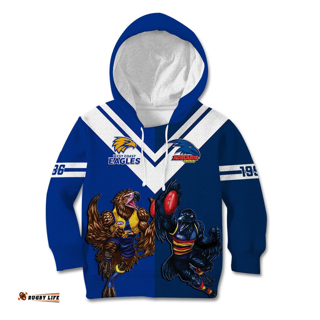 Personalised Eagles And Crows Football Kid Hoodie West Coast Mix Adelaide Sporty Version