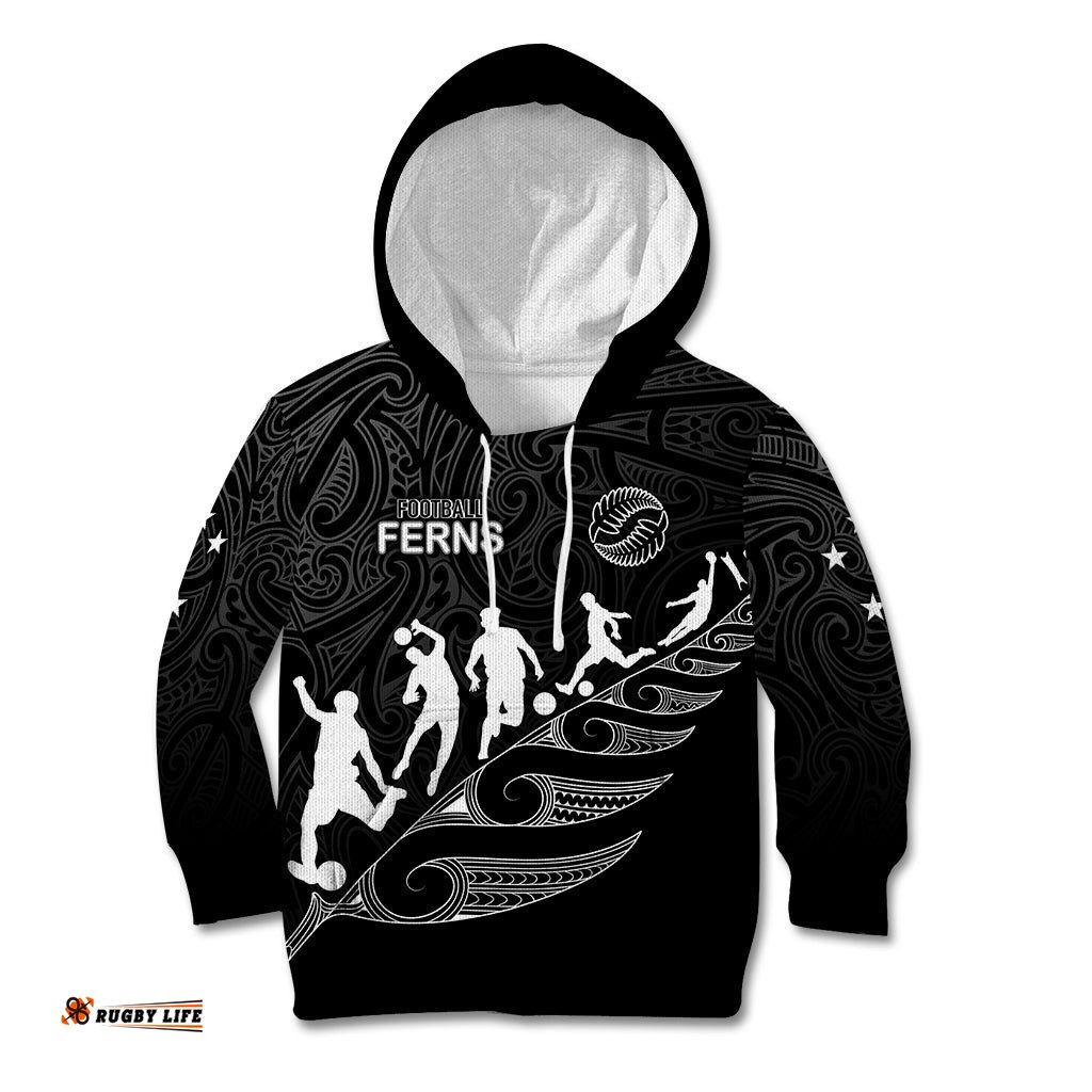 Personalised New Zealand Football Ferns Kid Hoodie Women World Cup Tribal Koru Pattern