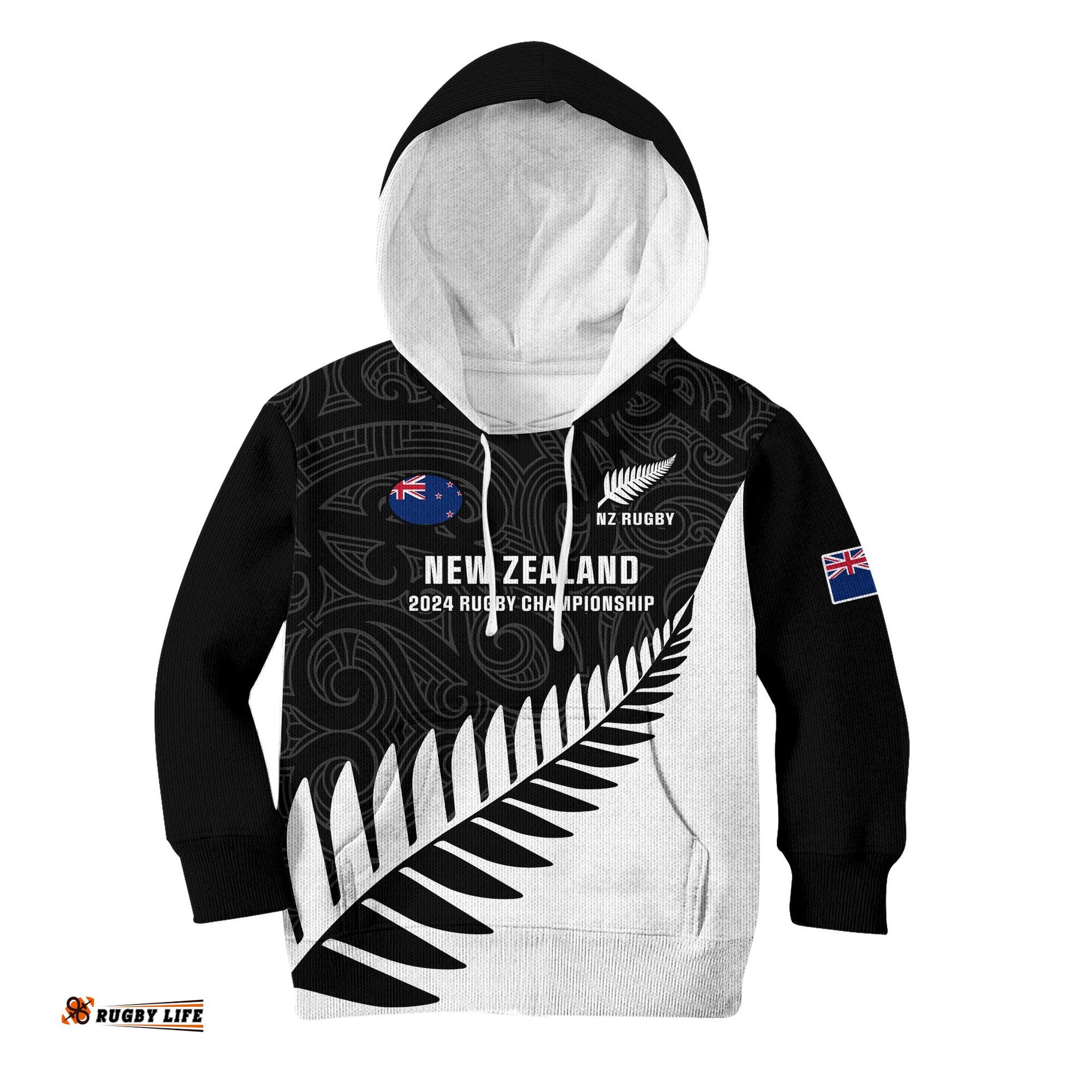 Personalised New Zealand Silver Fern Rugby Kid Hoodie All Black 2024 Go Champions Maori Pattern