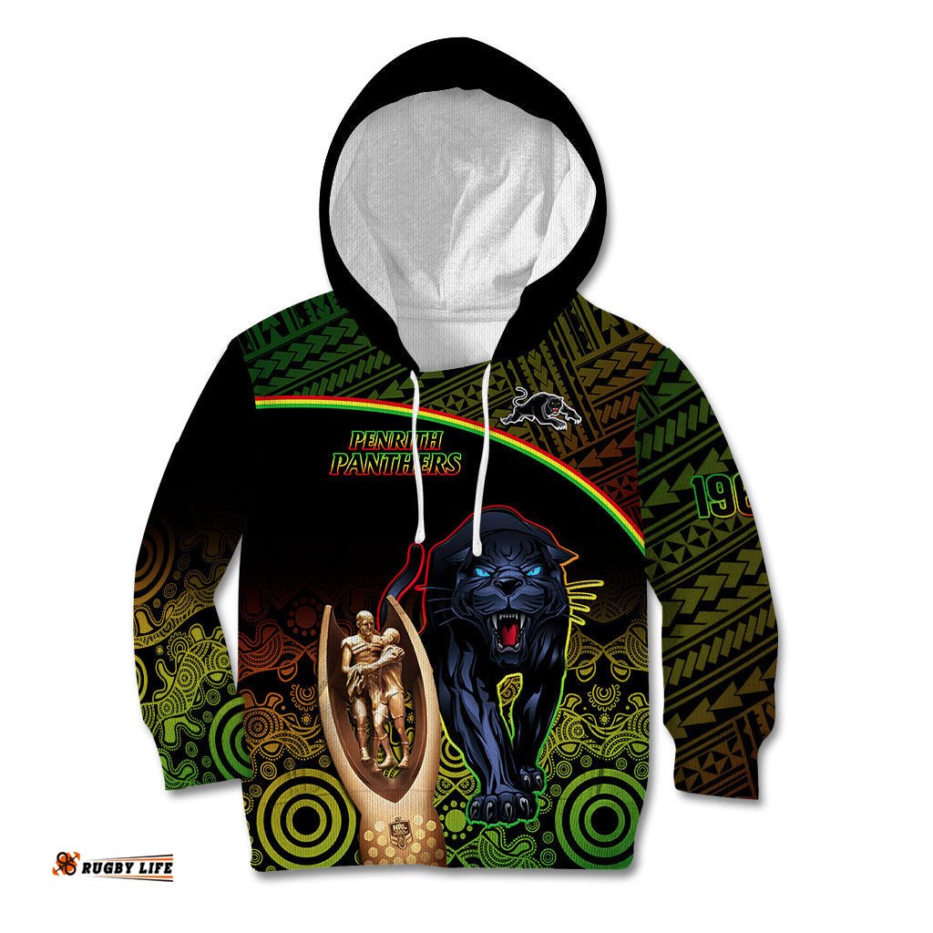Custom Panthers Rugby Kid Hoodie Go Premiers Back To Back Polynesian Indigenous Art