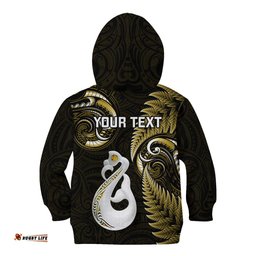 Personalised New Zealand Kid Hoodie Aotearoa Silver Fern With Manaia Maori Unique Gold