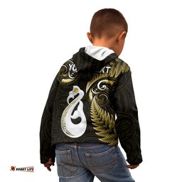 Personalised New Zealand Kid Hoodie Aotearoa Silver Fern With Manaia Maori Unique Gold