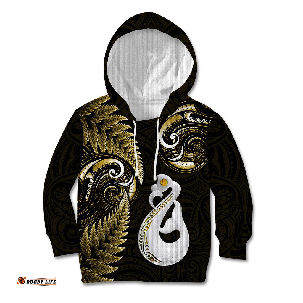 Personalised New Zealand Kid Hoodie Aotearoa Silver Fern With Manaia Maori Unique Gold