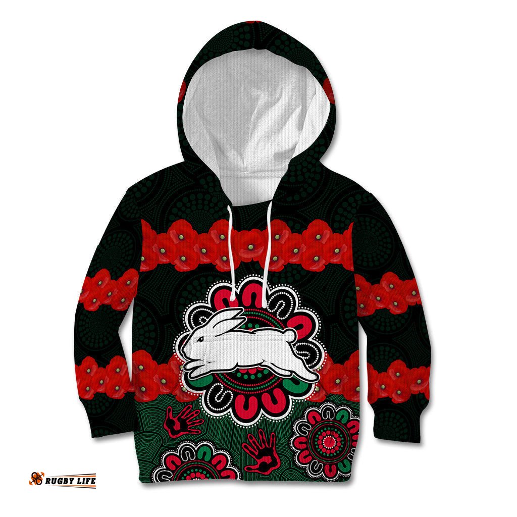 ANZAC NRL Rabbitohs Rugby Kid Hoodie The Bunnies 1908 Poppy Flowers Mixed Aboriginal