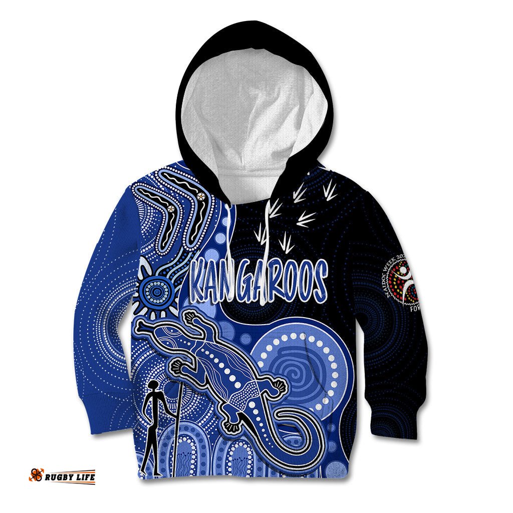 Personalised NAIDOC Week AFL Kangaroos Kid Hoodie Aboriginal Dot Art Lizard Mix Boomerang