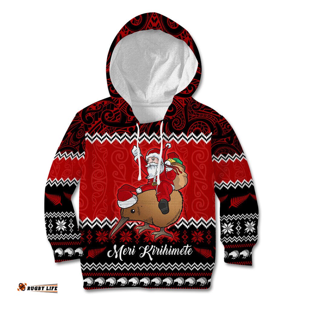 Personalised New Zealand Christmas Kid Hoodie Kiwi Santa Claus Maori Meri Kirihimete