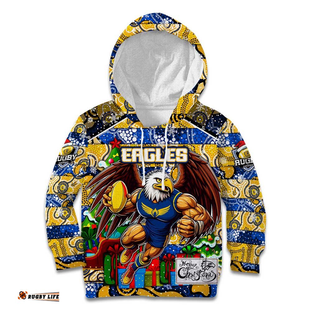 Custom Eagles Football Merry Christmas Kid Hoodie Indigenous Australian Art