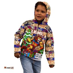 Custom Lions Football Merry Christmas Kid Hoodie Indigenous Australian Art