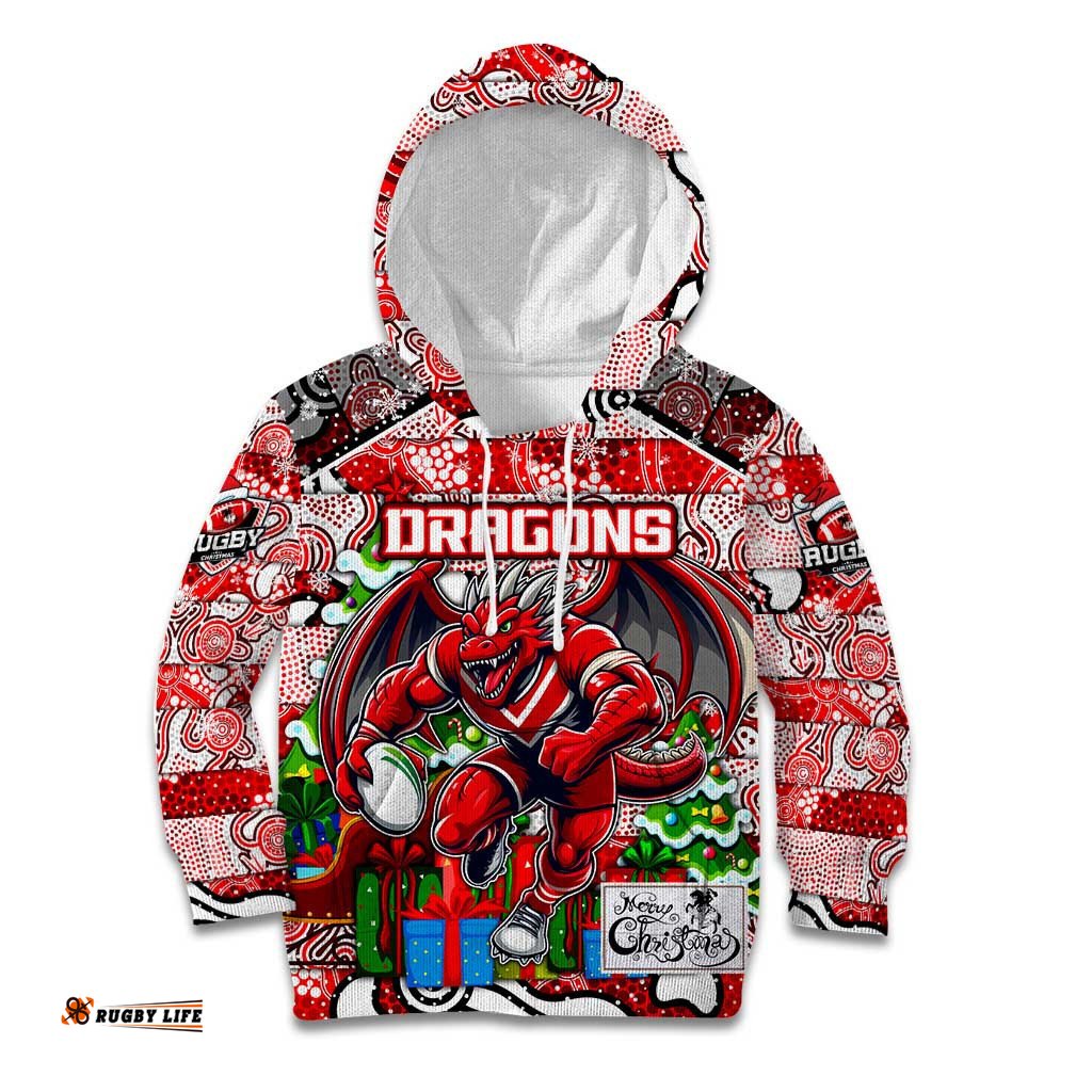 Custom Dragons Rugby Merry Christmas Kid Hoodie Indigenous Australian Art