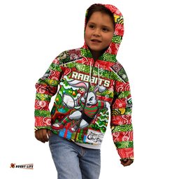 Custom Rabbitohs Rugby Merry Christmas Kid Hoodie Indigenous Australian Art