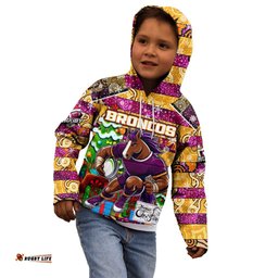 Custom Broncos Rugby Merry Christmas Kid Hoodie Indigenous Australian Art