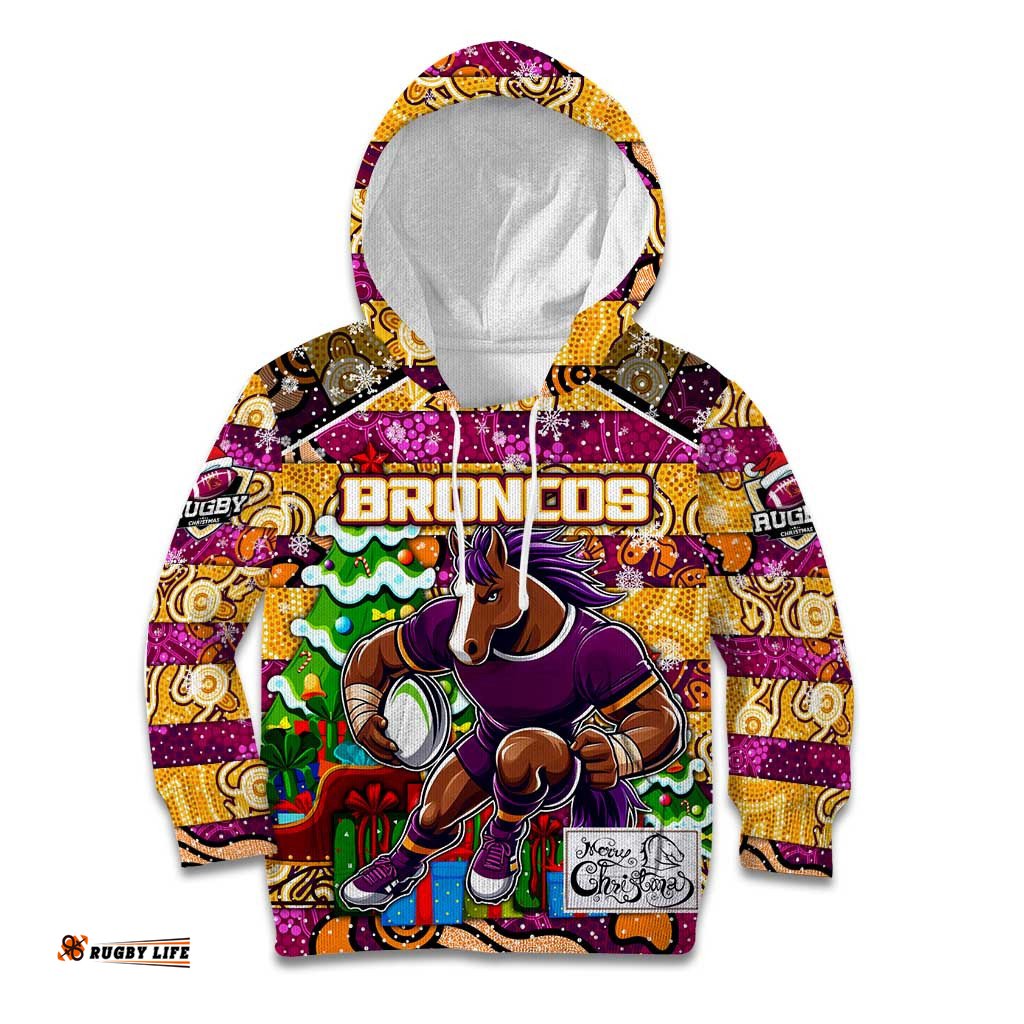 Custom Broncos Rugby Merry Christmas Kid Hoodie Indigenous Australian Art