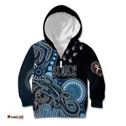 Personalised NAIDOC Week AFL Blues Kid Hoodie Aboriginal Dot Art Lizard Mix Boomerang