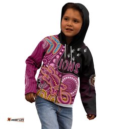 Personalised NAIDOC Week AFL Lions Kid Hoodie Aboriginal Dot Art Lizard Mix Boomerang