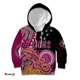 Personalised NAIDOC Week AFL Lions Kid Hoodie Aboriginal Dot Art Lizard Mix Boomerang