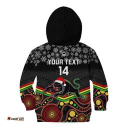 Custom Panthers Rugby Christmas Kid Hoodie Merry Xmas Mix Aboriginal Art Black Version