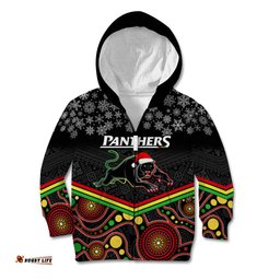 Custom Panthers Rugby Christmas Kid Hoodie Merry Xmas Mix Aboriginal Art Black Version