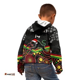 Custom Panthers Rugby Christmas Kid Hoodie Merry Xmas Mix Aboriginal Art Black Version