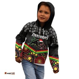 Custom Panthers Rugby Christmas Kid Hoodie Merry Xmas Mix Aboriginal Art Black Version