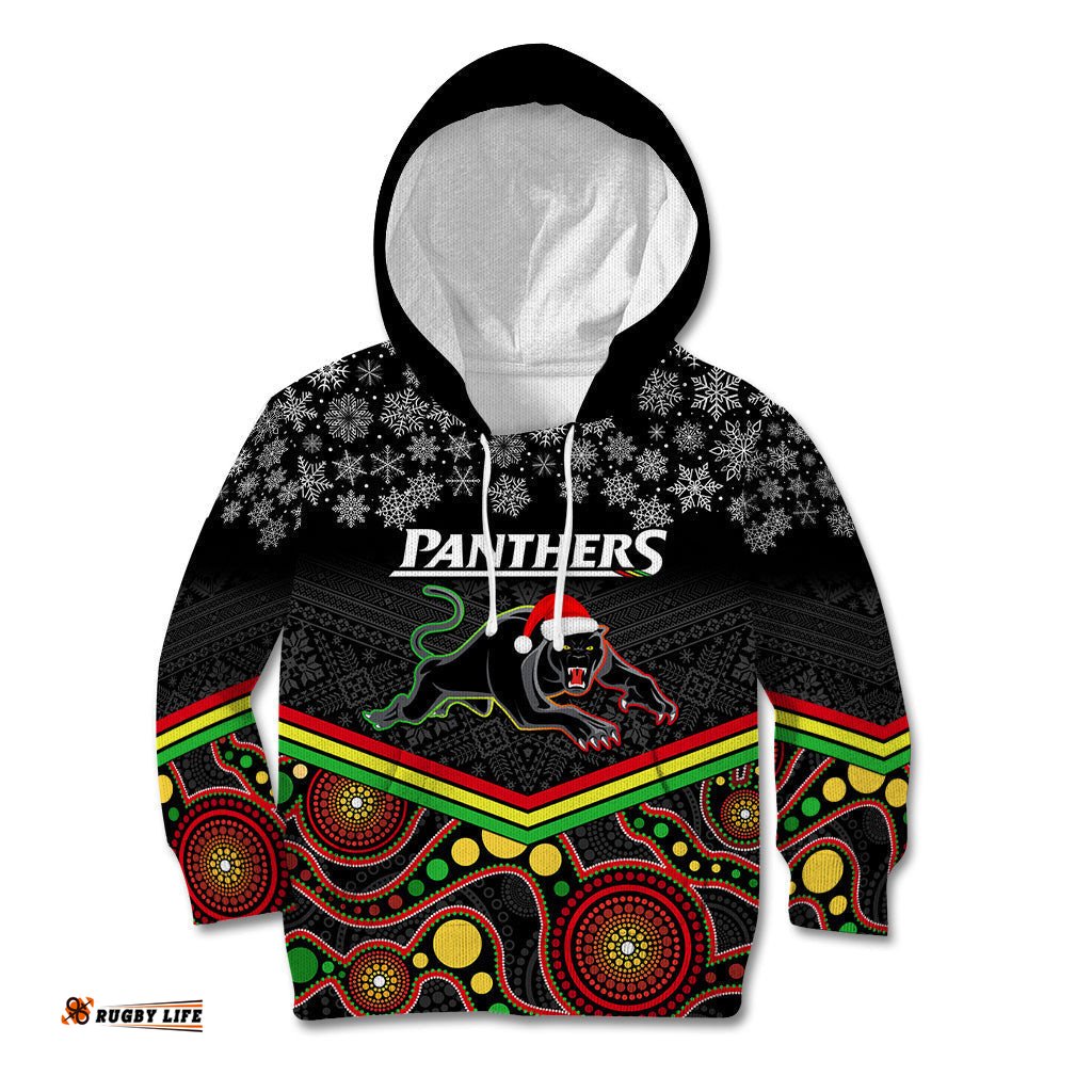 Custom Panthers Rugby Christmas Kid Hoodie Merry Xmas Mix Aboriginal Art Black Version