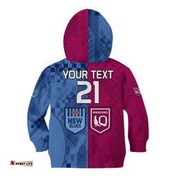 Custom Text And Number Blues and Maroons Rugby Kid Hoodie State of Origin NSW Combine QLD Sporty Style