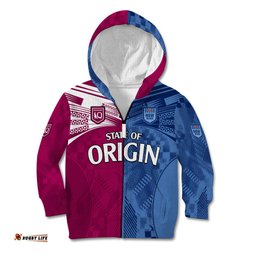 Custom Text And Number Blues and Maroons Rugby Kid Hoodie State of Origin NSW Combine QLD Sporty Style