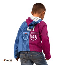 Custom Text And Number Blues and Maroons Rugby Kid Hoodie State of Origin NSW Combine QLD Sporty Style