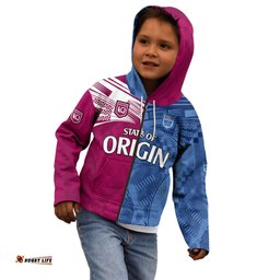 Custom Text And Number Blues and Maroons Rugby Kid Hoodie State of Origin NSW Combine QLD Sporty Style