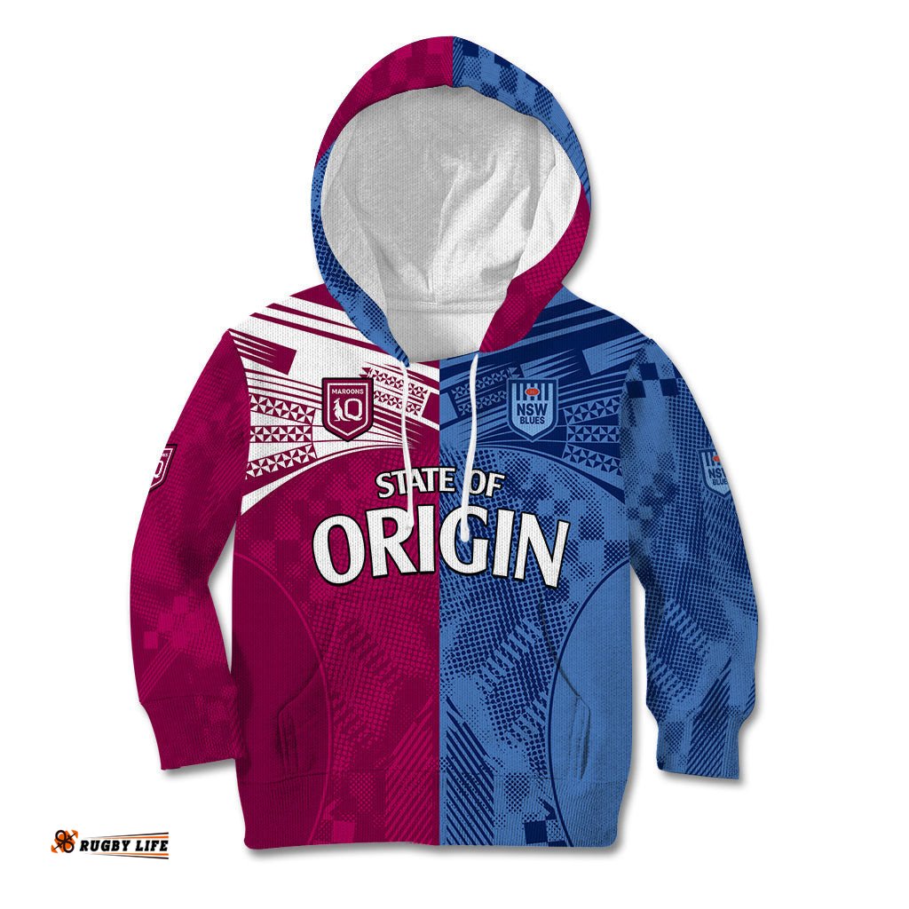 Custom Text And Number Blues and Maroons Rugby Kid Hoodie State of Origin NSW Combine QLD Sporty Style
