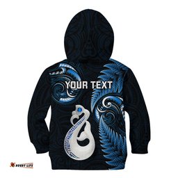 Personalised New Zealand Kid Hoodie Aotearoa Silver Fern With Manaia Maori Unique Blue