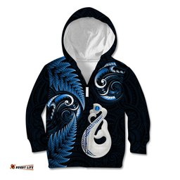 Personalised New Zealand Kid Hoodie Aotearoa Silver Fern With Manaia Maori Unique Blue