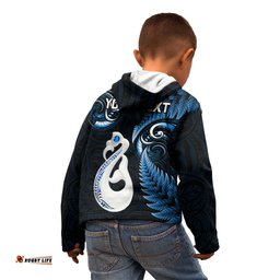 Personalised New Zealand Kid Hoodie Aotearoa Silver Fern With Manaia Maori Unique Blue