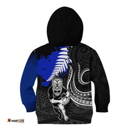 Personalised Aotearoa Rugby Kid Hoodie All Black Maori Fern