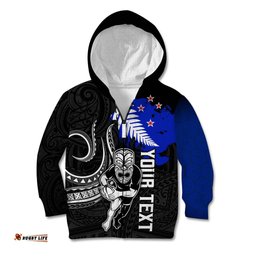 Personalised Aotearoa Rugby Kid Hoodie All Black Maori Fern
