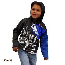 Personalised Aotearoa Rugby Kid Hoodie All Black Maori Fern